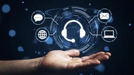 Customer Service Support Hologram on Hand Digital Communication Technology Solutions - Powered by Adobe
