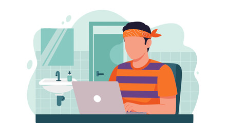 Illustration of a person working on a laptop in a modern bathroom, ideal for blog posts about remote work or work-life balance.