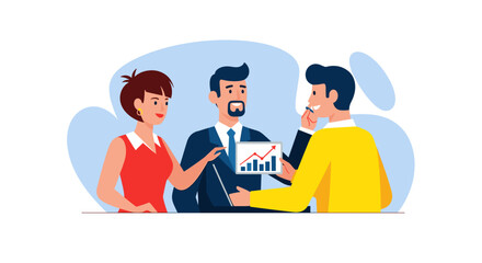 Business team reviewing growth chart, ideal for presentations or website landing pages.