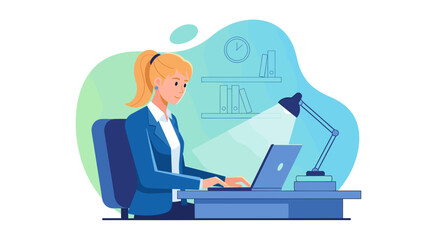 Businesswoman working on laptop at desk, ideal for website banners or business presentations.