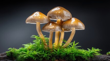 Fototapeta premium Cluster of brown mushrooms growing among green moss and plants on dark background