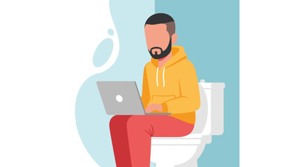 Man working on laptop while sitting on toilet - Illustration for blog, website or social media.