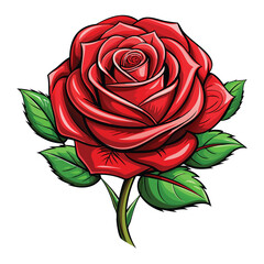 Detailed Cartoon Style Red Rose Blossom Flower with Green Leaves