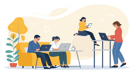 Diverse team of coworkers collaborating on laptops and tablets in a modern office setting. Ideal for website banners, presentations, and marketing materials.