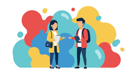 Two young people discussing business, perfect for websites and presentations.