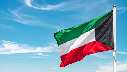 Kuwait national flag featuring horizontal green, white, and red stripes with a black trapezoid at the hoist and central emblem showing a book, pen, and Arabic script