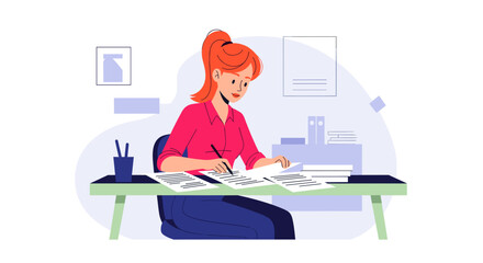 Woman working at desk reviewing documents, perfect for landing pages and brochures on productivity and business. © mofe