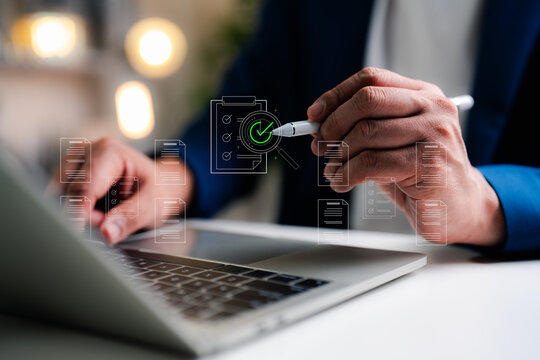 Businessman checks digital document with document management, approval process, representing paperless workflow, modern business operation, business automation and financial ecosystem.