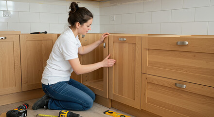 Woman Installing Light Oak Kitchen Cabinet Door Kneeling Focused Expression.