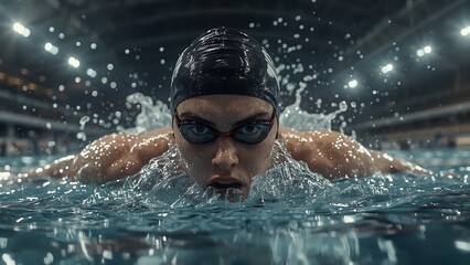 Professional Swimmer in Action | Front View of Athlete Swimming | Intense Race
