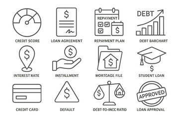 Financial management icons including loans, debt, and credit score indicators
