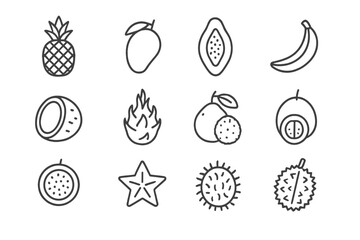Outline icons of exotic tropical fruits on a gradient background