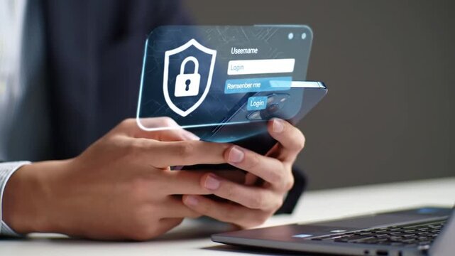 Cybersecurity Login on Mobile Phone with Shield Graphic Overlay - Data Protection and Digital Security Concept