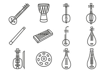 Obraz premium Traditional asian musical instruments collection on grey background