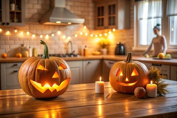 Halloween pumpkins glowing on a kitchen counter at night