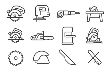 Collection of minimalistic woodworking and construction tool icons on grey background
