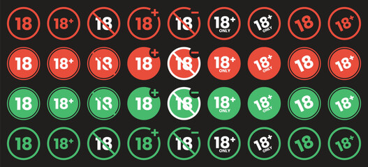 18+ Plus Age Restriction Icon Set, Under 18 Years Old Prohibited Sign Symbol, Circle Warning Badge for Adult Content, Age Limit, and Censorship Notice