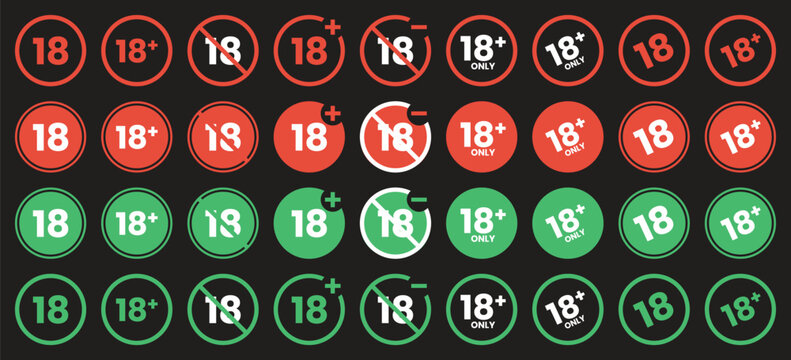 18+ Plus Age Restriction Icon Set, Under 18 Years Old Prohibited Sign Symbol, Circle Warning Badge for Adult Content, Age Limit, and Censorship Notice