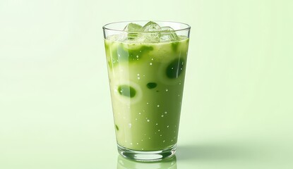 A refreshing glass of iced matcha latte with visible ice cubes on a light green background shade