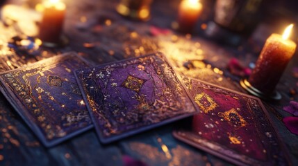 Mystical Tarot Cards with Golden Ornaments and Burning Candles