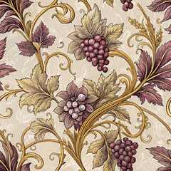 Seamless pattern illustration in Art Deco, Baroque style, grapes and flowers. Elegant dark gold lines. High resolution. Pastel brown background. Designed for printing on fabric, wallpaper or curtains.