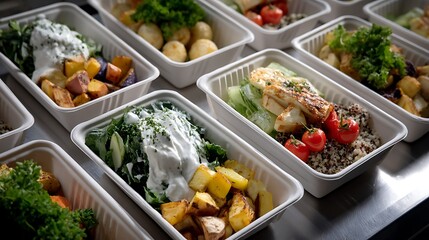 Meal prep magic colorful overhead shot of healthy dishes kitchen visual layout organized fresh ingredients