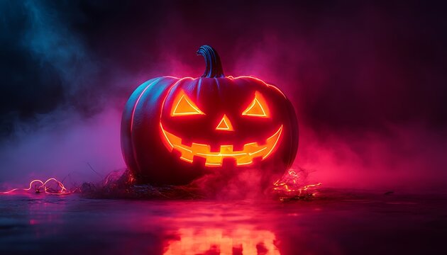 Glowing Jackolantern with Neon Pink and Blue Smoke halloween pumpkin