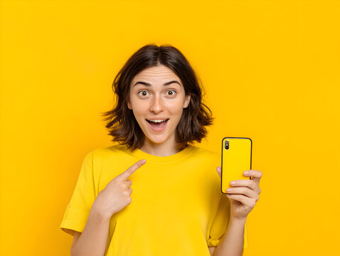 Woman in yellow shirt pointing at yellow phone with surprised expression on face