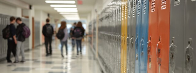 Students walk through a busy school hallway with colorful lockers and casual conversations taking place during mid-morning