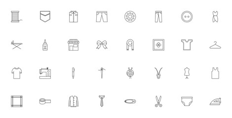 Sewing and tailoring icon set. Vector illustration. Includes thread spool, pocket, shirt, shorts, bobbin, pants, button, dress, sewing machine and more. Editable stroke.