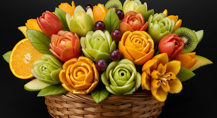 Wicker basket with multi-cut fruits styled in flower shapes