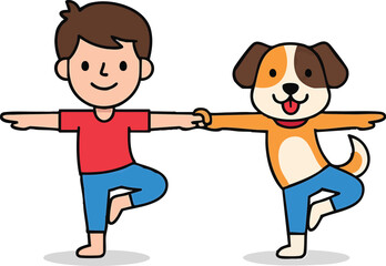 A cartoon boy and his dog are doing yoga together, balancing on one leg with arms outstretched in a tree pose.