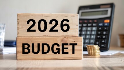 Wooden blocks displaying the year 2026 and the word budget with a calculator and coins in the background representing financial planning and economic forecasting