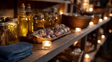 Farmhouse pantry filled with preserved jars and fresh ingredients rustic setting warm ambiance inviting atmosphere