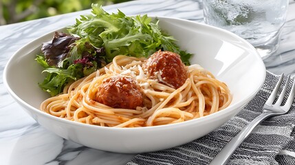 Delicious pasta with meatballs and fresh salad food styling studio setup bright artificial lighting culinary art