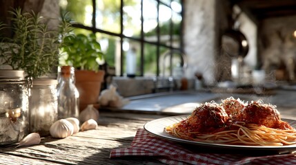 Delicious spaghetti and meatballs cozy kitchen food photography rustic setting close-up culinary delight
