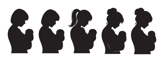 Mother Holding Newborn Baby Silhouette Icon Set