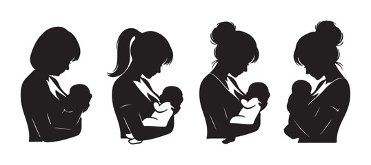 Set of Mother and Baby Silhouette Vector Icons for