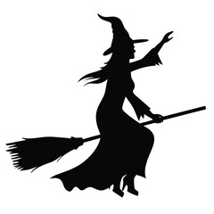 Silhouette of witch riding The Broom Isolated On White Background. Vector eps editable file Illustration
