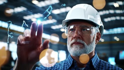 Industrial Worker Interacting with Holographic Interface in Factory 4K - Powered by Adobe