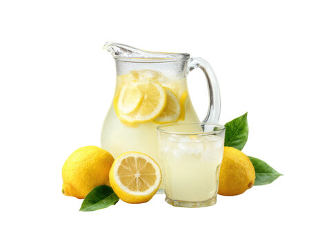 Refreshing lemonade pitcher and glass with lemons and leaves slices, Isolated, Transparent Png
