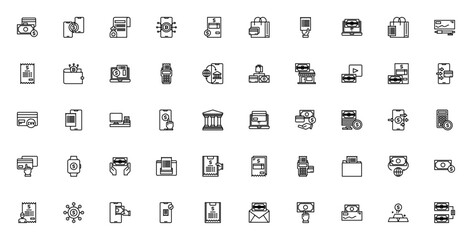 Bill and payment method icon set. Vector illustration. Includes money, credit card, bitcoin, wallet, invoice, online banking, cash machine, cheque, smartwatch and more. Editable stroke.
