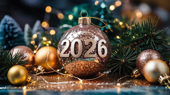 Festive new year 2026 celebration with shimmering ornaments and glowing bokeh lights amidst a decorated christmas tree