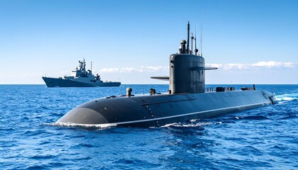 Fototapeta premium Submarine and warship at sea