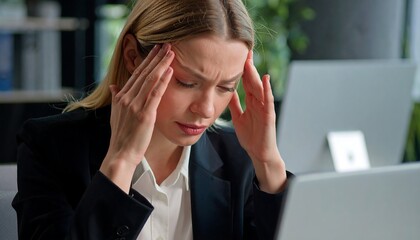 Businesswoman with a headache at her desk