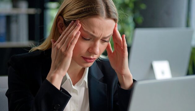 Businesswoman with a headache at her desk