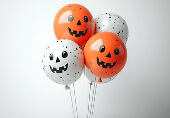 Orange and white Halloween balloons with jack o lantern faces on white background pumpkin