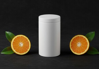 White jar with orange slices and leaves