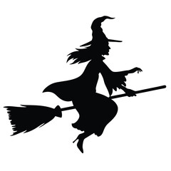 Silhouette of witch riding The Broom Isolated On White Background. Vector eps editable file Illustration
