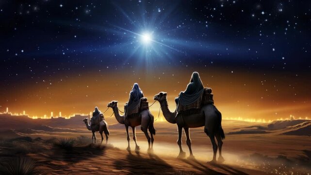 A mystical desert scene with three camels under a starry sky. Low-angle view captures the vastness, evoking a cinematic video feel. Live desktop wallpaper.